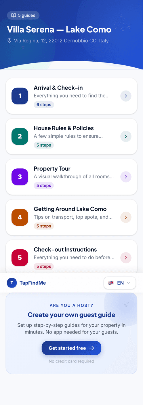 TapFindMe live mobile guest guide for a Lake Como property